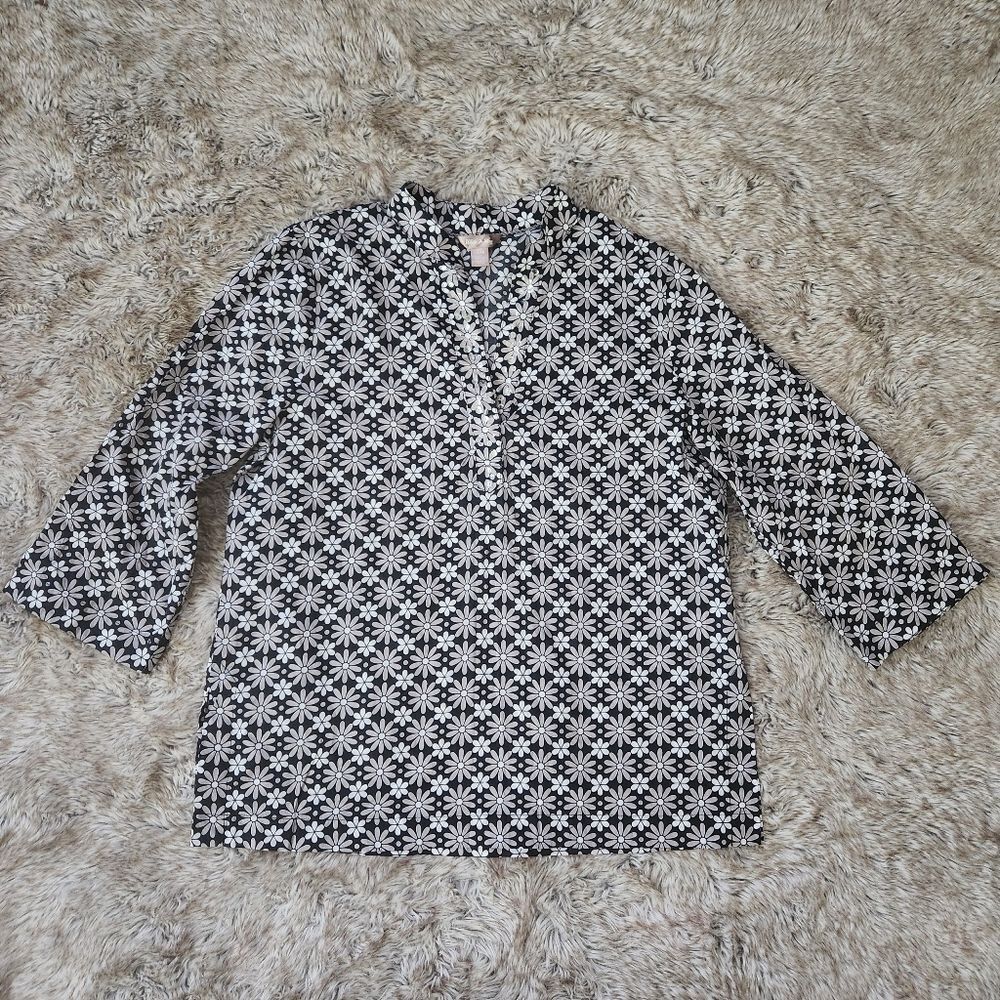 White Stag Retro Floral Print Sequined V-Neck Blouse‎ Black and Gray Size Large